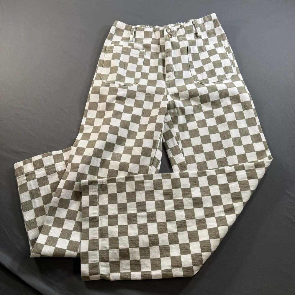 Papermoon Checkered Pants Women M Olive White High Rise Wide Leg Y2K